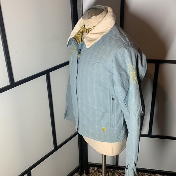Mountain Hardwear Blue Gray Yellow Pattern Winter Fur Lining Collared Jacket - Picture 3 of 11